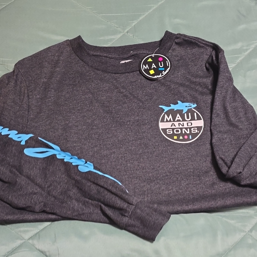 Maui and Sons Men's Dark Gray Long Sleeve Tee with Blue Logo